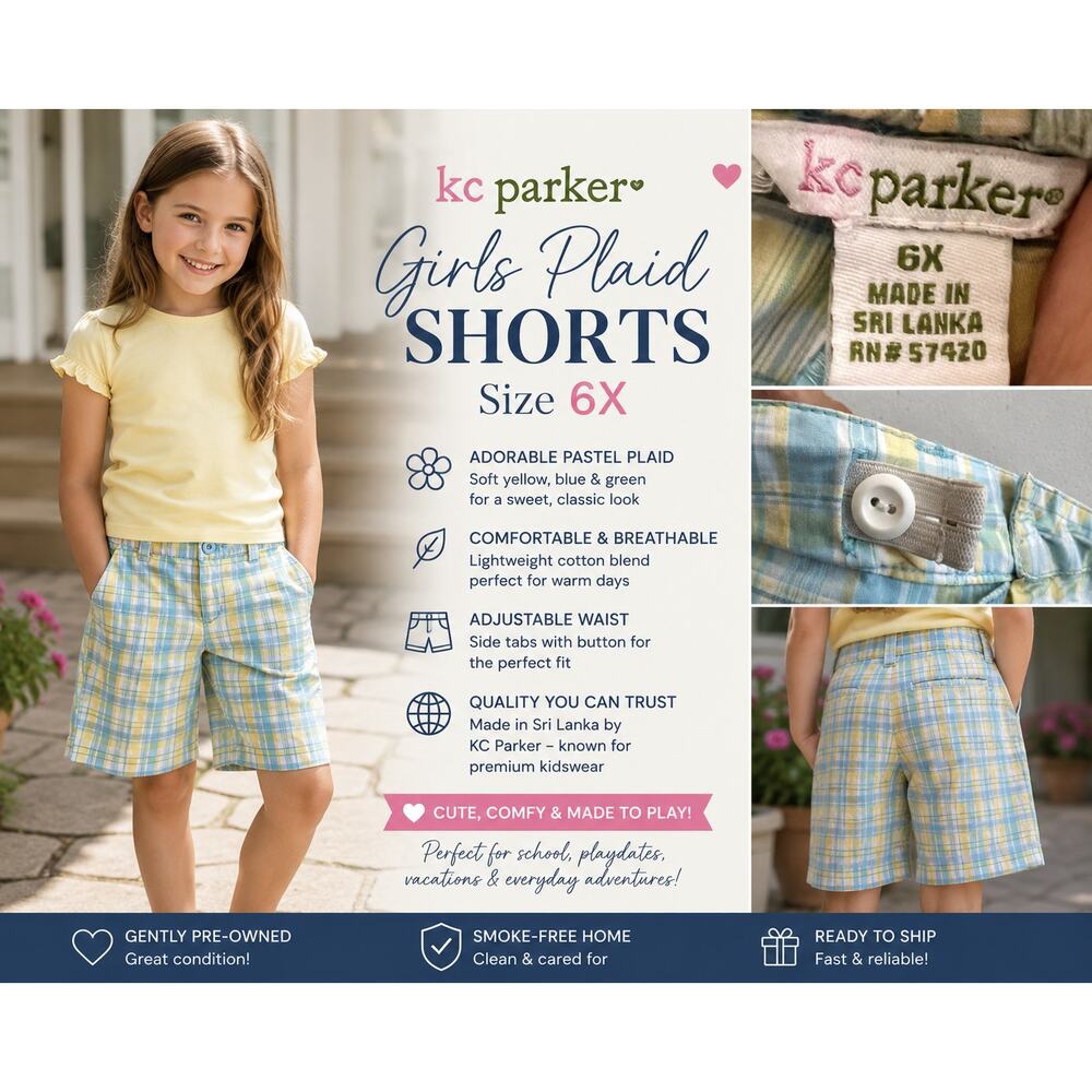 KC Parker Girls Plaid Bermuda Shorts Size 6X Blue Yellow Adjustable Waist